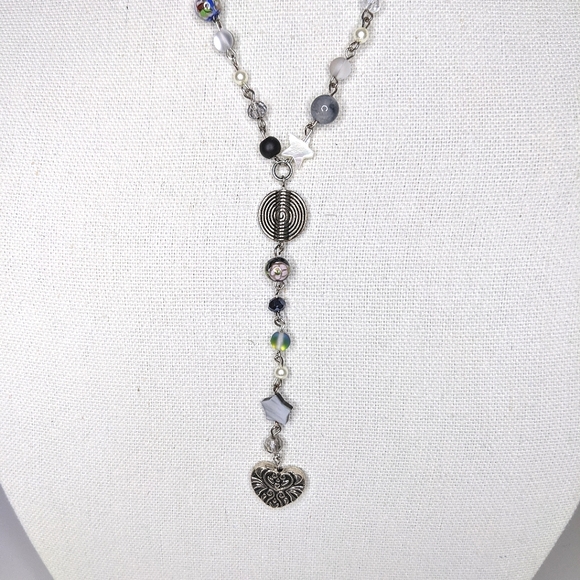 Long blue black and crystal beaded necklace. Handmade by me. - Picture 5 of 7